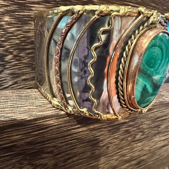 Handcrafted 2in Wide Cuff Bracelet, Malachite Green Stone, Mixed Metals, Adjust - Picture 10 of 10